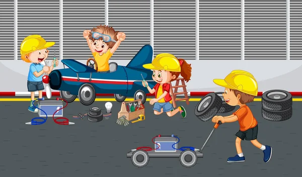 Bambini Che Riparano Una Macchina Insieme Nell Illustrazione Del Garage — Vettoriale Stock