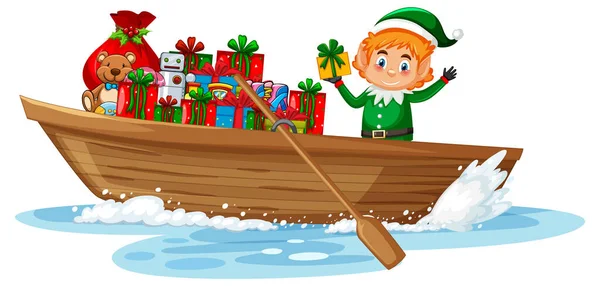 Elf Auf Ruderboot Mit Vielen Geschenkboxen Illustration — Stockvektor