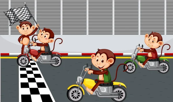 Escena Pista Carreras Con Monos Montando Motocicletas Ilustración Ilustración de stock