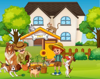 Baba ve oğlu bahçede resim dikiyorlar.