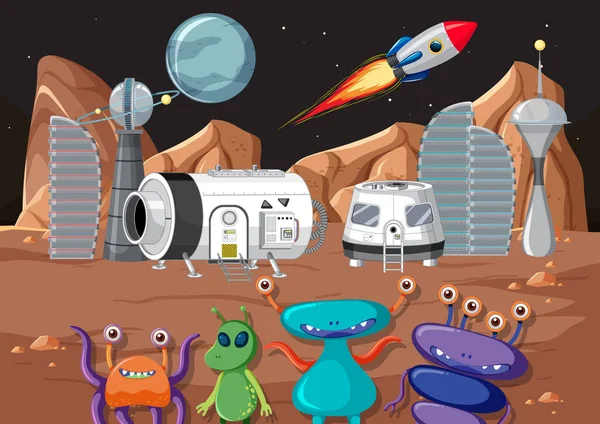 Planeta Espacial Exterior Con Alienígenas Ilustración Estilo Dibujos Animados — Archivo Imágenes Vectoriales