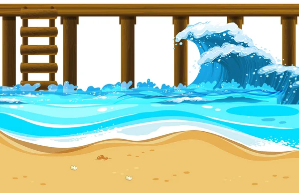 带有海浪图解的木制码头 — 图库矢量图片