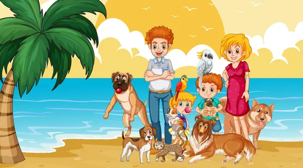 Lycklig Familj Stranden Illustration — Stock vektor