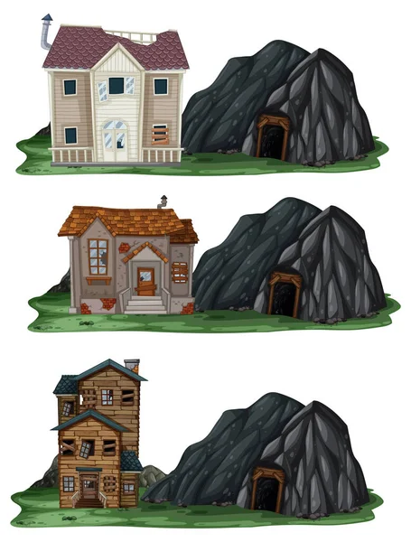 Zestaw Różnych Opuszczonych Domów Ilustracją Jaskini Skalnej — Wektor stockowy
