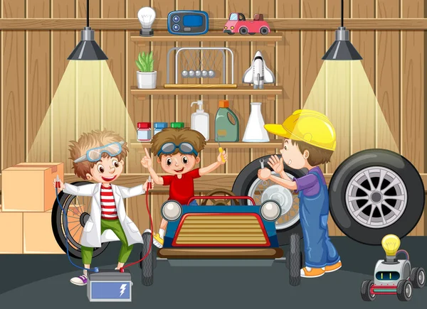 Enfants Réparant Une Voiture Ensemble Dans Garage Illustration — Image vectorielle