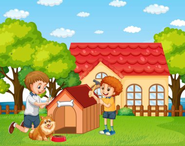 Baba ve oğul birlikte bir köpek kulübesi inşa ediyorlar.