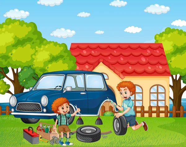 Cena Livre Com Pai Filho Fixando Carro Juntos Ilustração — Vetor de Stock