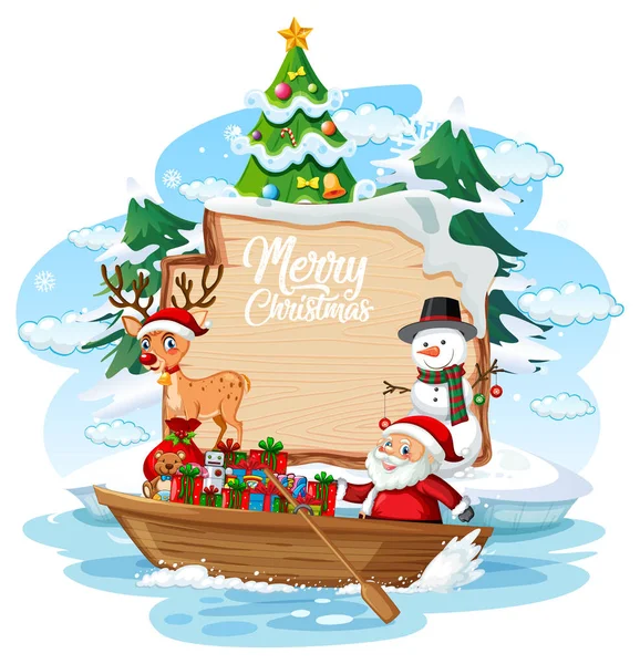 Empty Banner Santa Claus Delivering Gifts Boat Illustration — Stock Vector