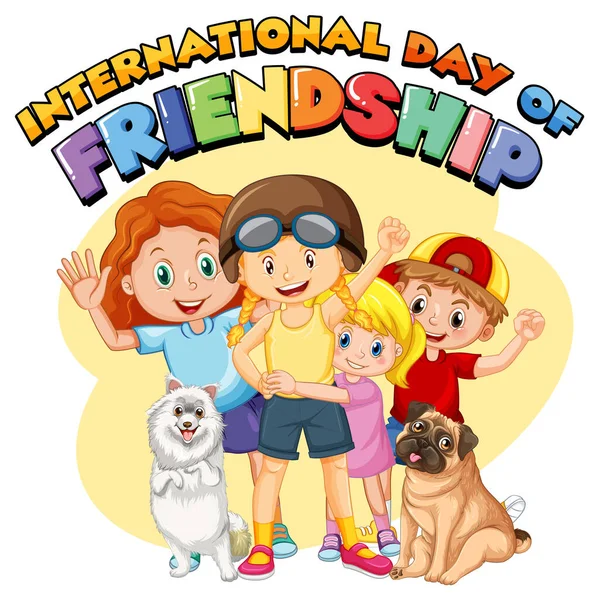 Międzynarodowy Dzień Przyjaźni Logo Dziećmi Psami Ilustracja — Wektor stockowy