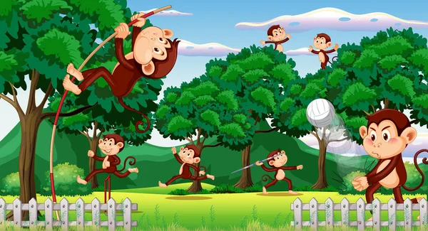 Forest Scene Funny Monkeys Cartoon Illustration — Stock Vector