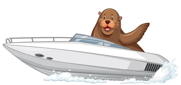 Zeeleeuw Speedboot Cartoon Stijl Illustratie — Stockvector