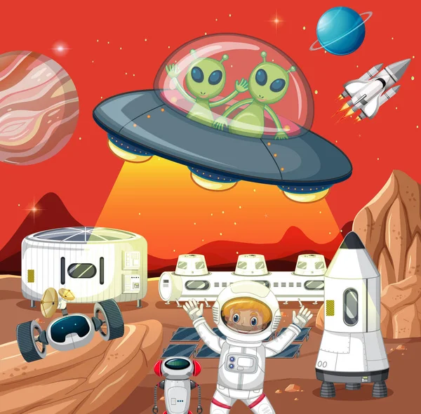 Outer Space Scene Astonaut Alien Cartoon Style Illustration — Stock Vector