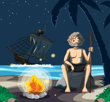 Issız bir adada izole edilmiş bir adam.