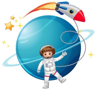 Gezegen ve roket çizimi ile izole edilmiş astronot