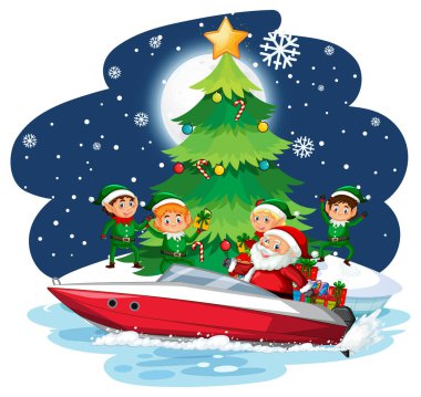 Karlı bir gecede sürat teknesinde Noel Baba ve elfler