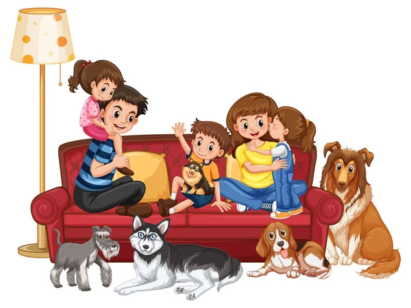 Famille Heureuse Avec Leurs Chiens Dans Illustration Dessin Animé — Image vectorielle