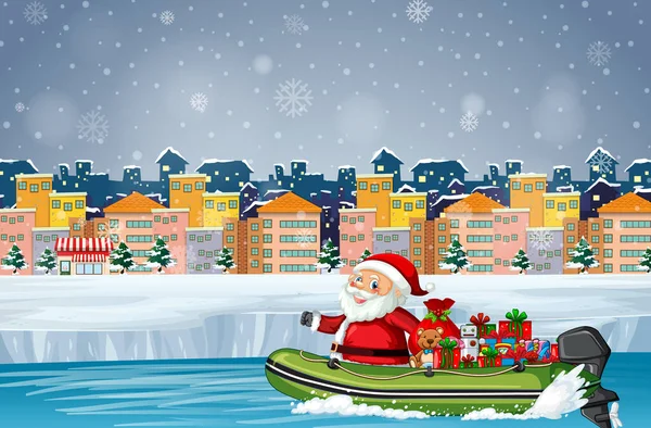 Snowy Day Santa Claus Delivering Gifts Motorboat Illustration — Stock Vector
