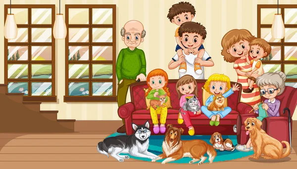 Ευτυχισμένη Οικογένεια Κατοικίδιο Ζώο Τους Στο Σαλόνι Εικονογράφηση — Διανυσματικό Αρχείο