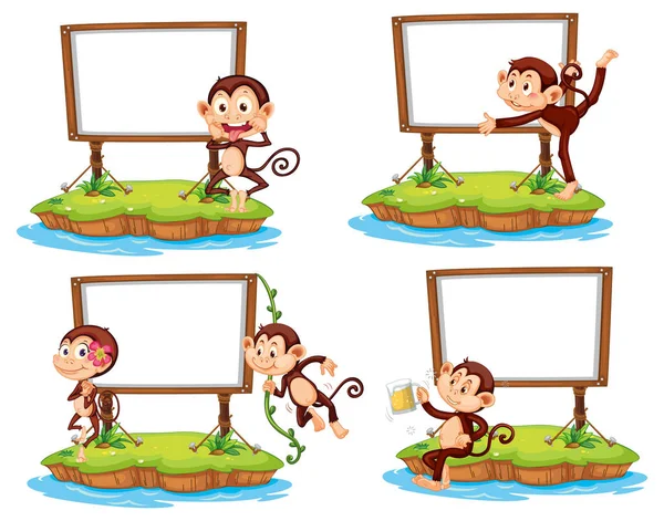 面白い猿のイラストと異なる空白のバナーのセット — ストックベクタ