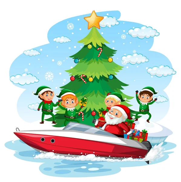 Санта Клаус Доставляет Подарки Иллюстрации Лодки — стоковый вектор