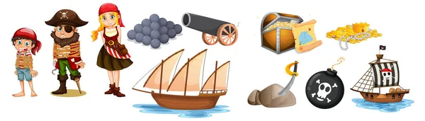 Ensemble Personnages Dessins Animés Pirates Illustration Objets — Image vectorielle