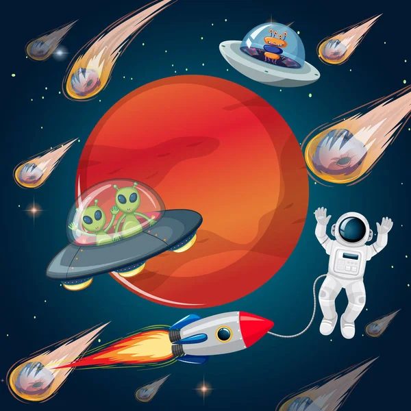 Weltraumszene Mit Erstaunen Und Außerirdischen Cartoon Stil — Stockvektor