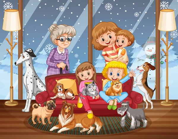 Family Members Pet Living Room Scene Illustration — Stock Vector
