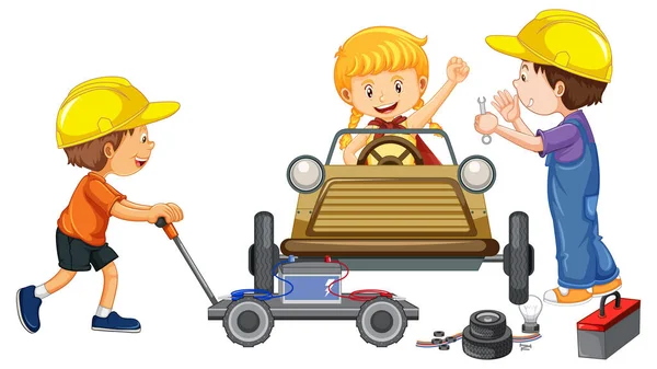 Children Repairing Car Together Illustration — Stock Vector