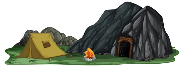 Odizolowany Krajobraz Kamienną Jaskinią Namiotem Ilustracja — Wektor stockowy