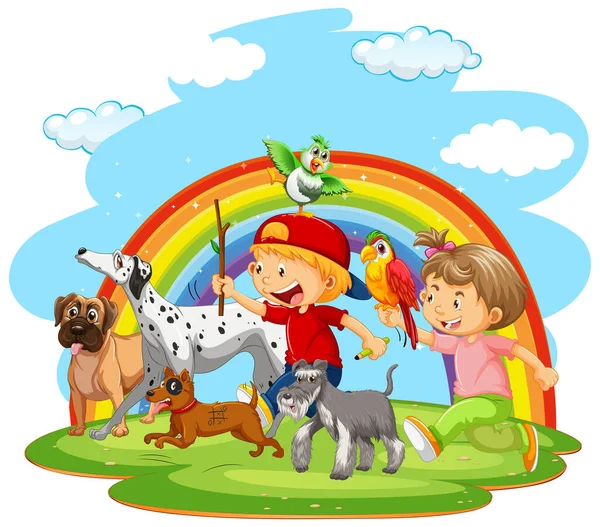 Twee Kinderen Spelen Met Hun Honden Illustratie — Stockvector