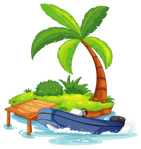 Isla Aislada Muelle Con Ilustración Lancha Motor — Vector de stock