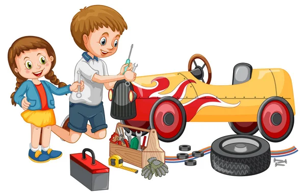 Dad Daughter Repairing Car Together Illustration — Wektor stockowy