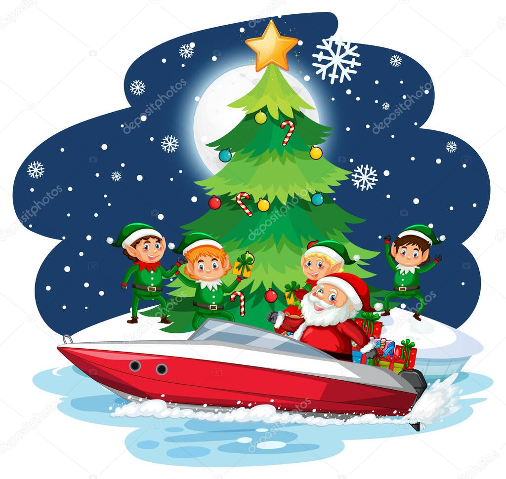 Santa Claus and elves on a speedboat at snowy night illustration