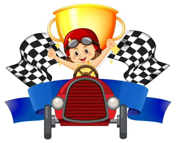 Κορίτσι Αυτοκίνητο Racer Στην Εικόνα Τρόπαιο Και Σημαία Φυλή — Διανυσματικό Αρχείο