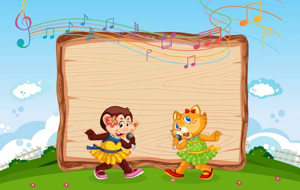 삽화에 나오는 고양이와 원숭이가 나무판 — 스톡 벡터