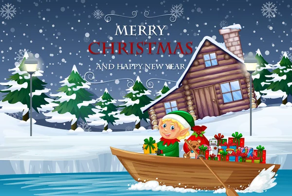 Merry Christmas Poster Met Elf Het Leveren Van Geschenken Door — Stockvector