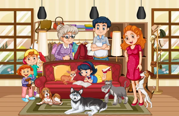 Joyeux Famille Avec Leur Animal Compagnie Dans Salon Illustration — Image vectorielle