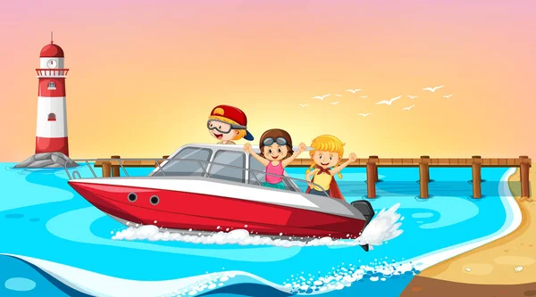 Paisaje Olas Oceánicas Con Niños Barco Ilustración — Vector de stock