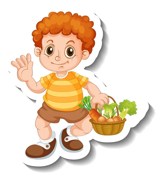 Πρότυπο Αυτοκόλλητο Ένα Αγόρι Που Κατέχουν Vegetabls Καλάθι Απομονωμένη Εικόνα — Διανυσματικό Αρχείο