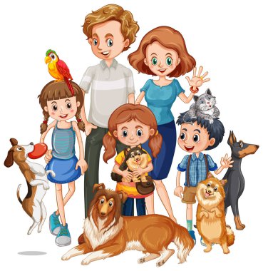 Çizgi film stili resimli evcil hayvanlarıyla mutlu bir aile.
