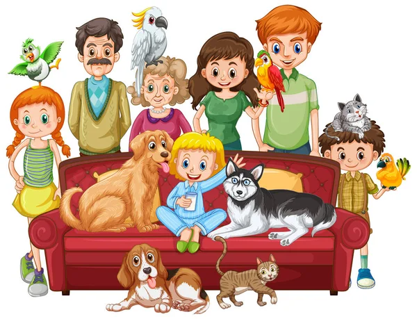 Grande Famille Avec Nombreux Chiens Illustration — Image vectorielle