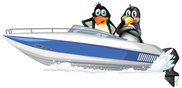 Pinguïns Een Speedboot Cartoon Stijl Illustratie — Stockvector