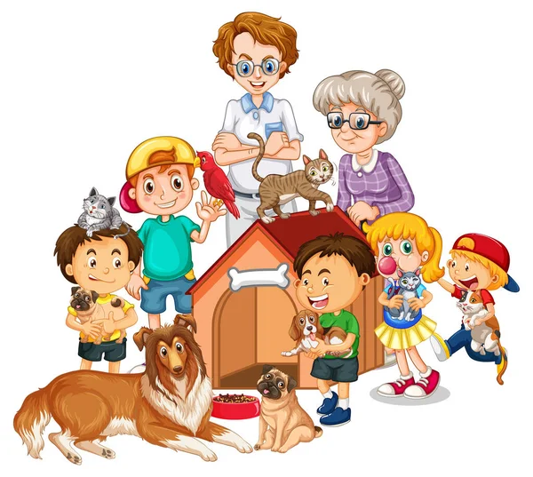 Grote Familieleden Met Veel Honden Illustratie — Stockvector