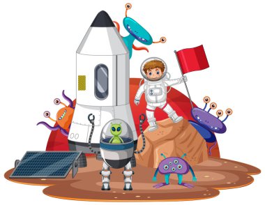 Çizgi film astronotu ve gezegendeki uzaylılar karikatür stili çizim yapıyorlar.