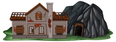 Beyaz arkaplanda kaya mağarası olan terk edilmiş bir ev.