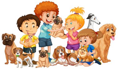 Çizgi filmlerdeki gibi köpekleri olan mutlu çocuklar.