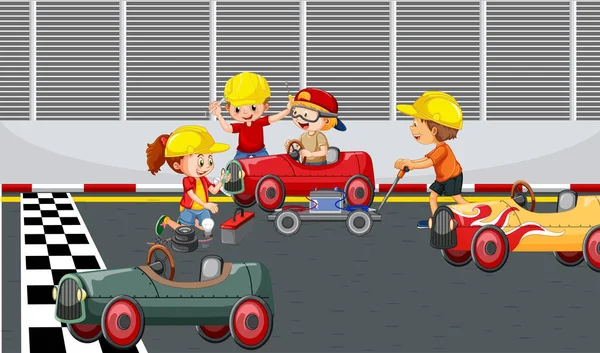 Soapbox Escena Derby Con Los Niños Carreras Coches Ilustración — Archivo Imágenes Vectoriales