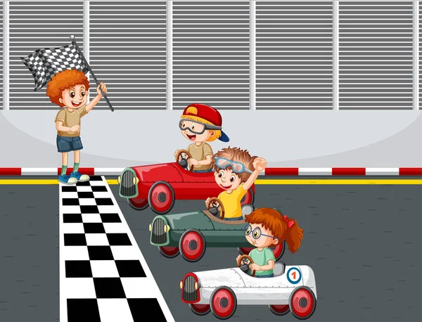 Soapbox Escena Derby Con Los Niños Carreras Coches Ilustración — Archivo Imágenes Vectoriales