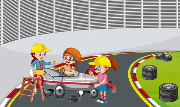 Soapbox Derby Scene Children Racing Car Illustration — Stockový vektor