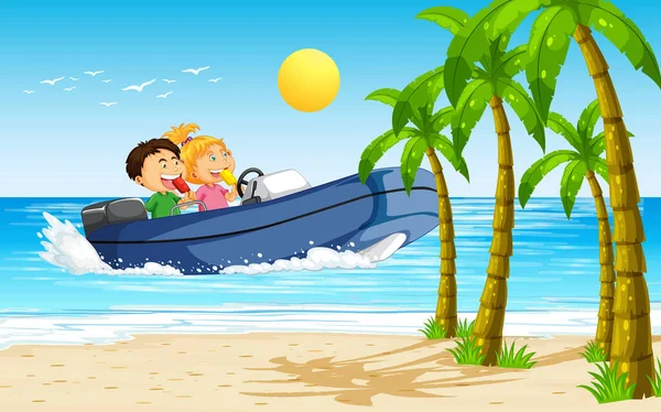 Beach Scenery Children Motorboat Illustration — Stock Vector